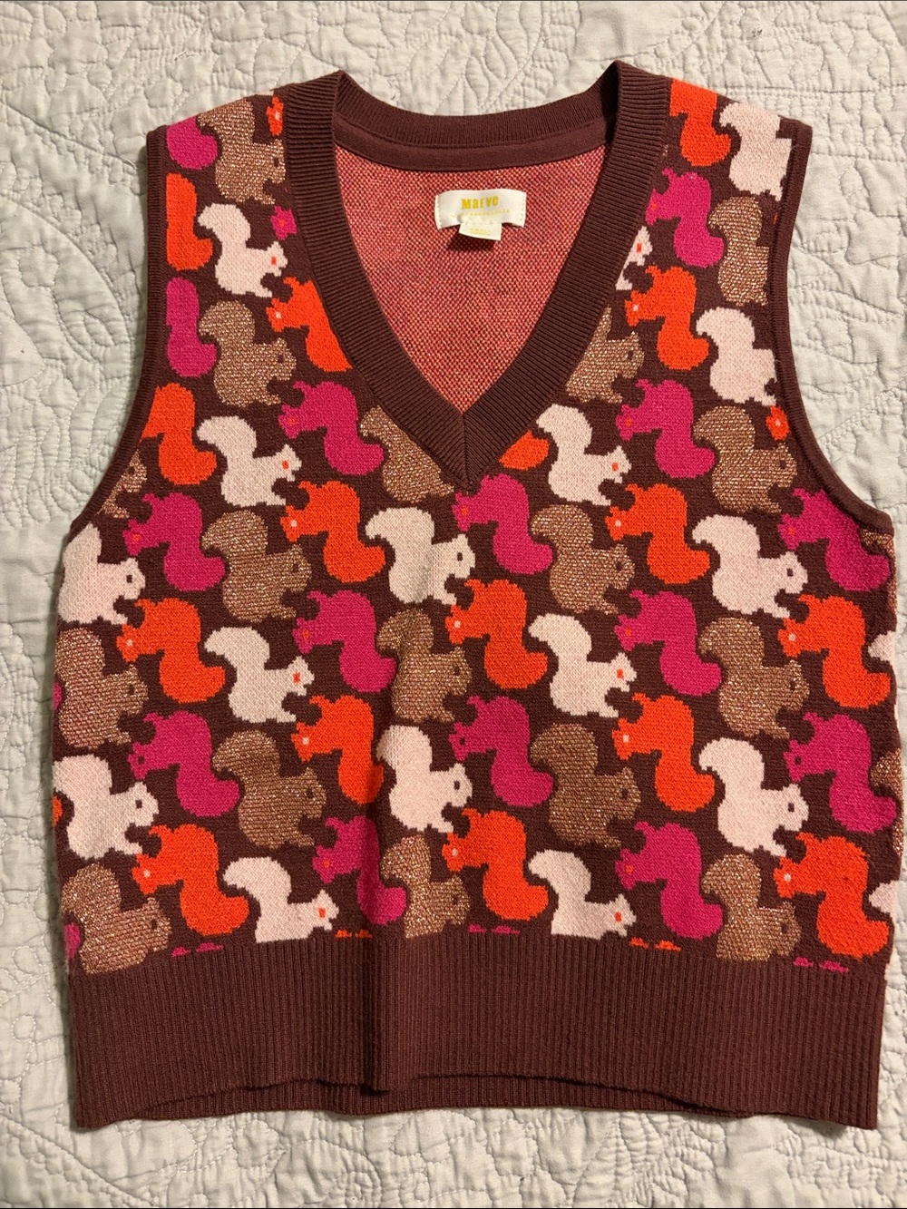 Maeve Pink Orange Brown Squirrel-Print V‑Neck Sweater Thanksgiving Vest